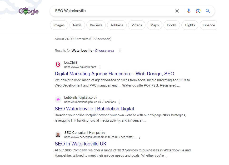SEO Consultant Hampshire Gets To Position 3 In Google For SEO Waterlooville In Hampshire