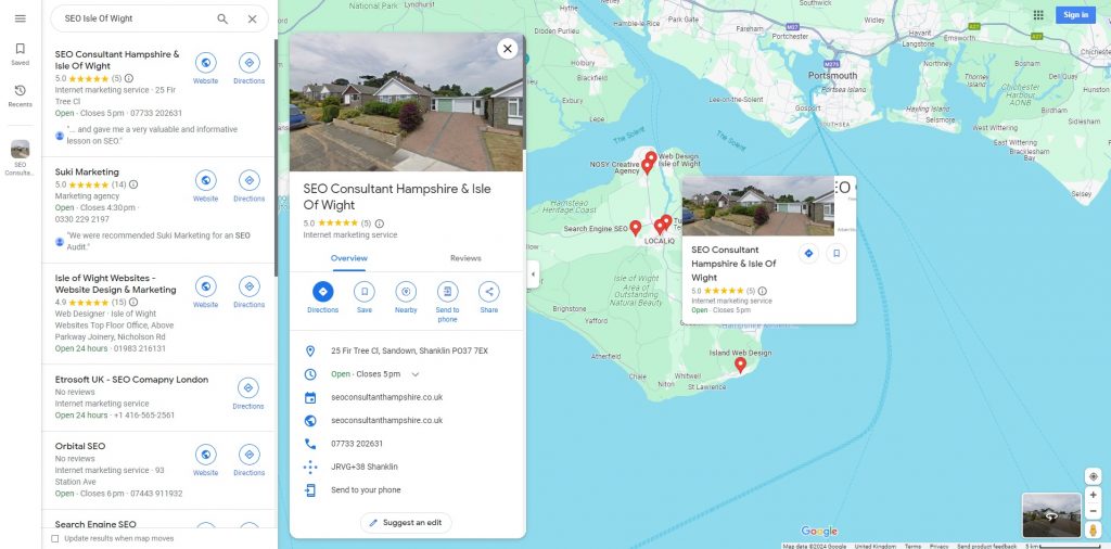 SEO Consultant Hampshire Gets To Position 1 On Google Maps For SEO Isle Of Wight